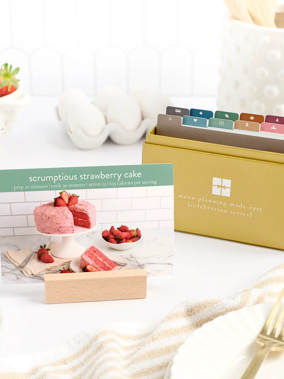 celebration menu box with strawberry cake recipe featured