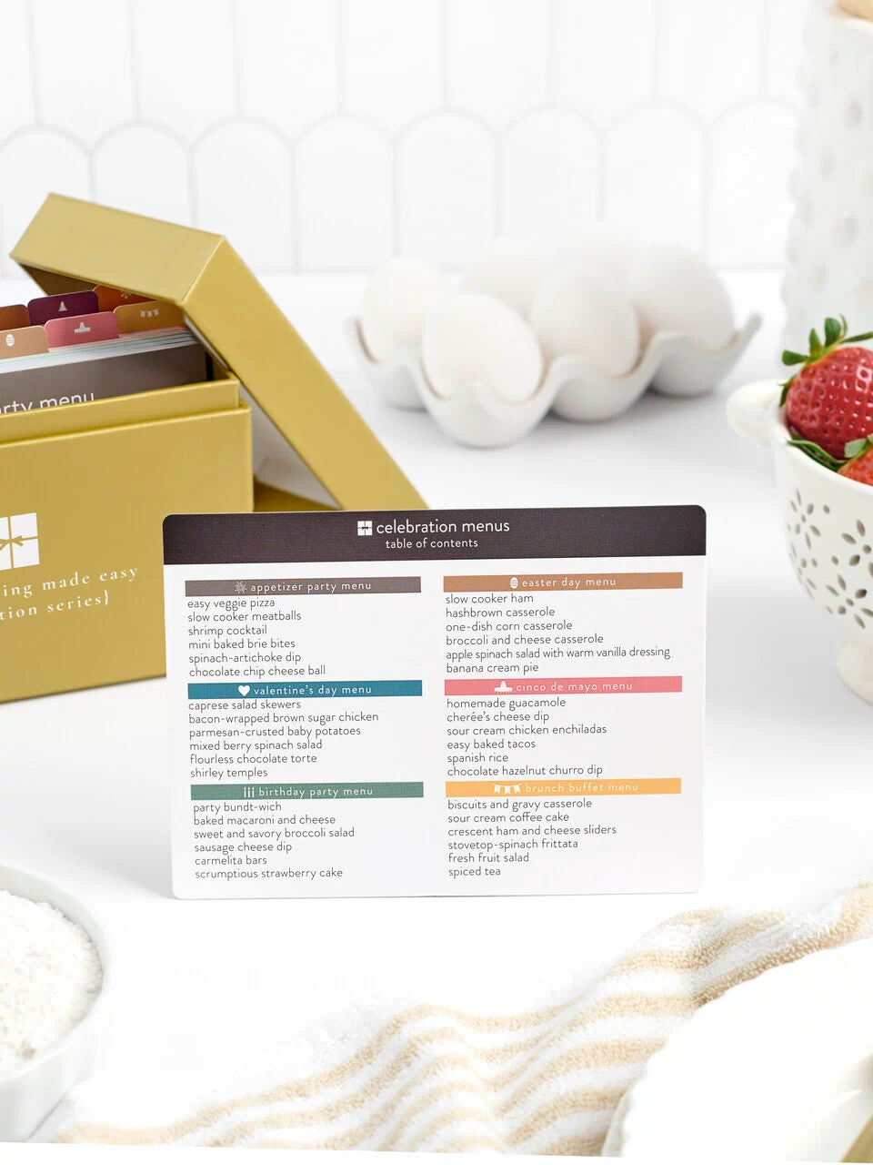 celebration menu box with table of contents card