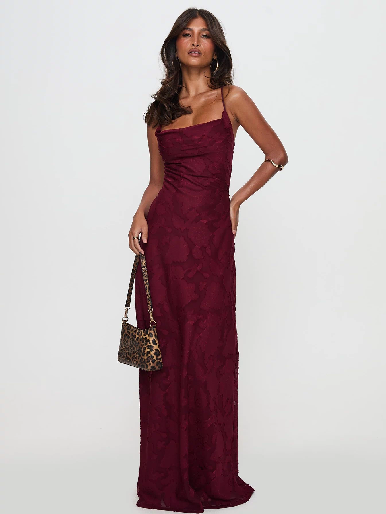 front view of model wearing Princess Polly Celena Maxi Dress Burgundy Cowl Neck 
