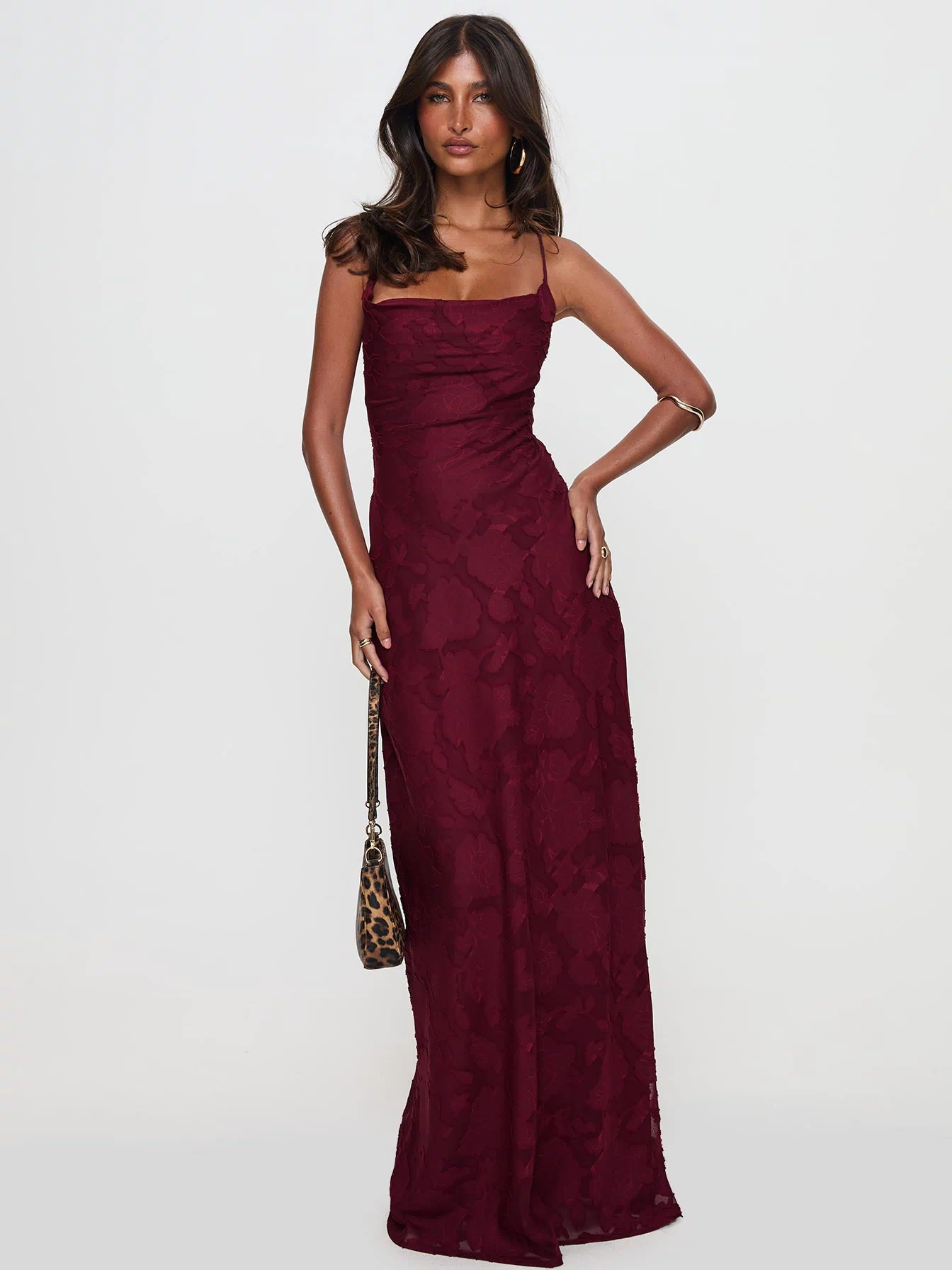 front view of model wearing Princess Polly Celena Maxi Dress Burgundy Cowl Neck 