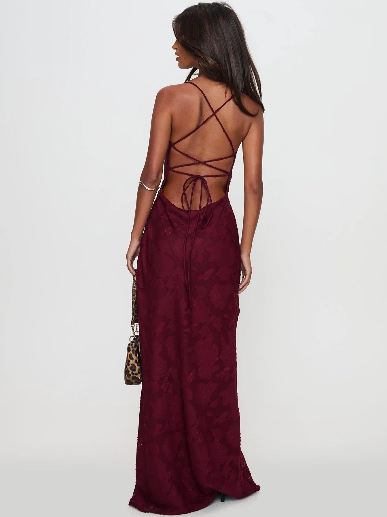 back view of model wearing Princess Polly Celena Maxi Dress Burgundy Cowl Neck 