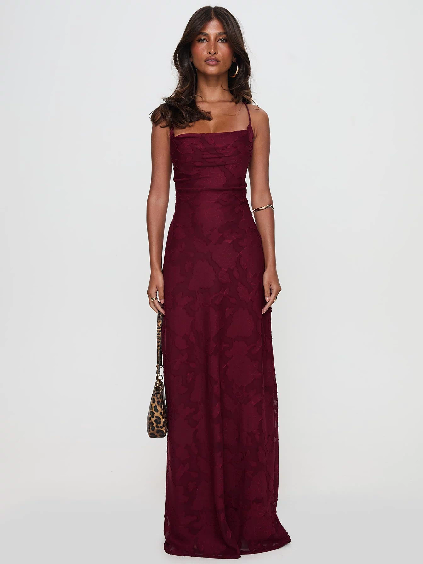side view of model wearing Princess Polly Celena Maxi Dress Burgundy Cowl Neck 