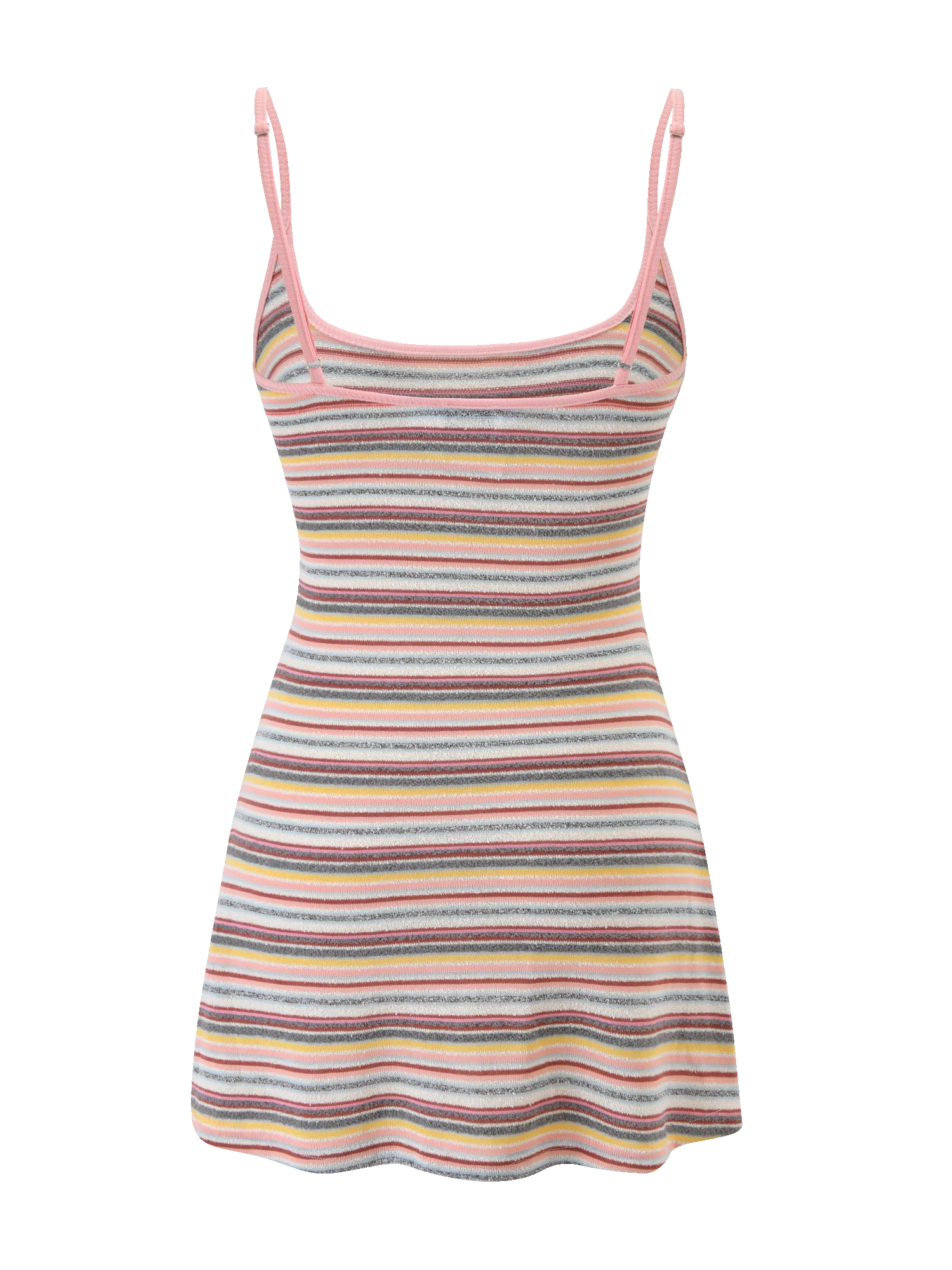 The CELESTE MINI DRESS by TIGERMIST features a sleeveless A-line silhouette with pink spaghetti straps, a scoop neckline, and multicoloured horizontal stripes, crafted from ribbed fabric for stylish texture.