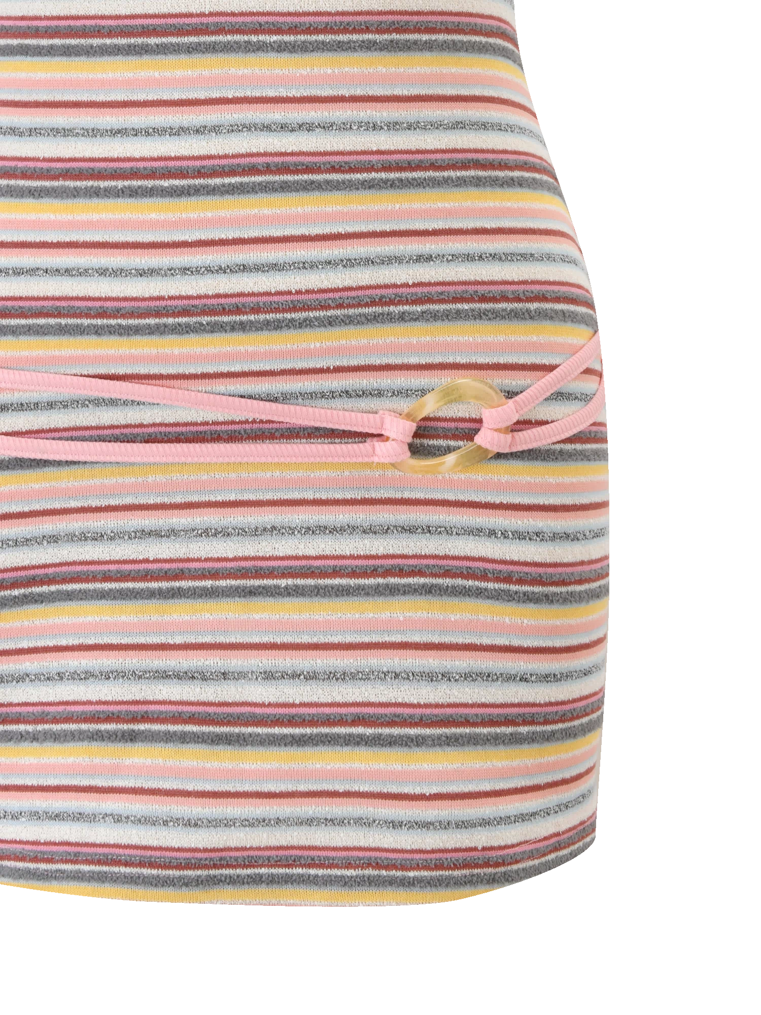 A close-up of the TIGERMIST CELESTE MINI DRESS - MULTISTRIPE, featuring ribbed fabric with gray, yellow, pink, and white stripes, a multicolored pattern, and a side cut-out tied with pink drawstrings.