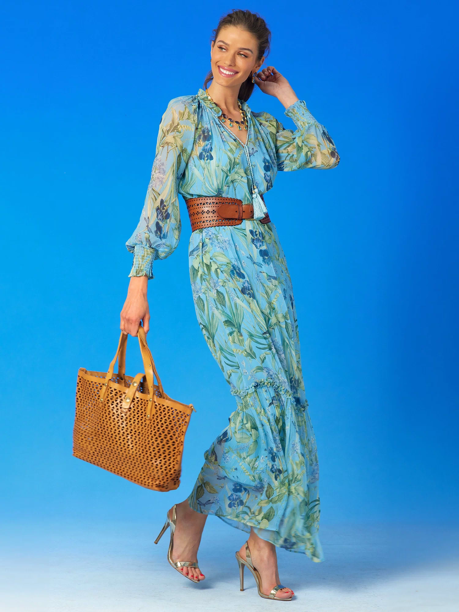 Celine Maxi Crinkle Chiffon Dress in Magical Garden-Full length view walking