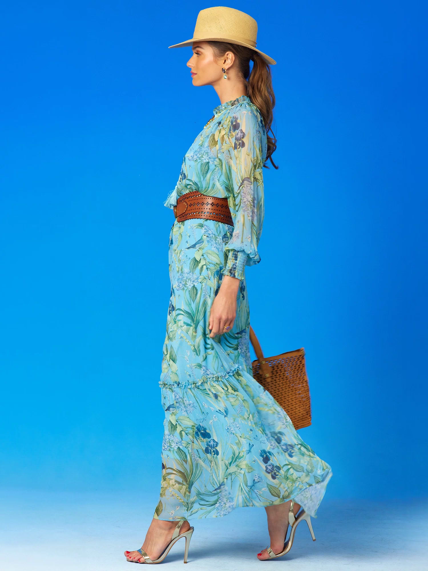 Celine Maxi Crinkle Chiffon Dress in Magical Garden-Side view walking