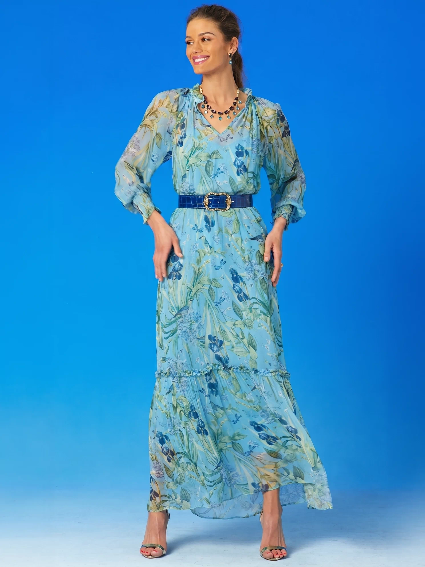 Celine Maxi Crinkle Chiffon Dress in Magical Garden with the Tinsley Belt