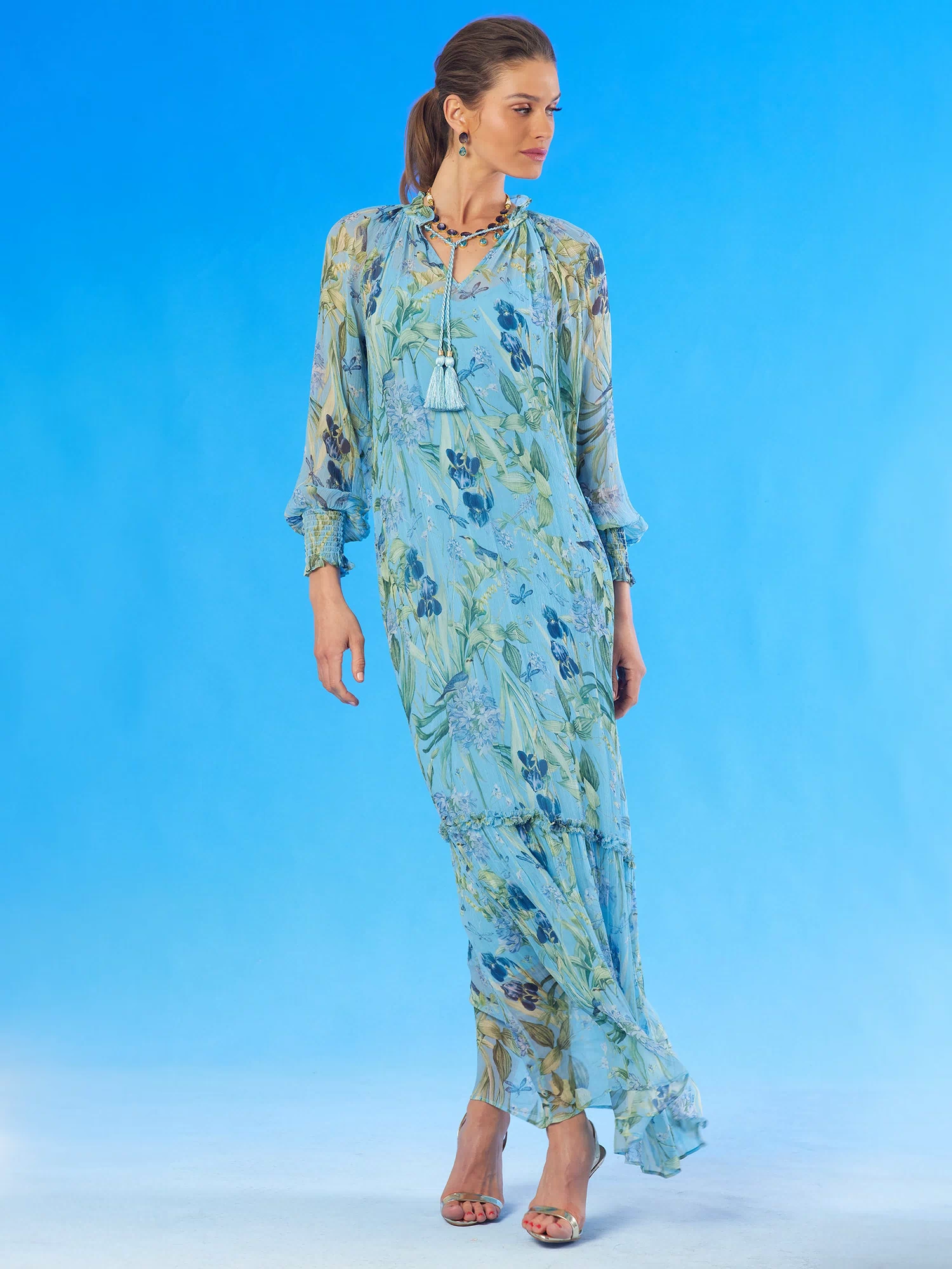 Celine Maxi Crinkle Chiffon Dress in Magical Garden-full length view with no belt