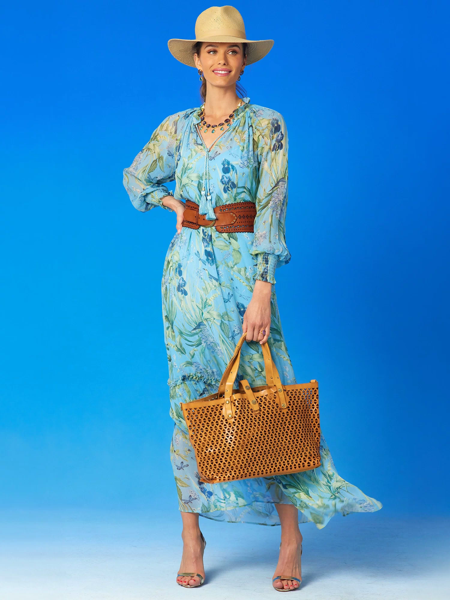 Celine Maxi Crinkle Chiffon Dress in Magical Garden-full length view with the skirt blowing in the wind