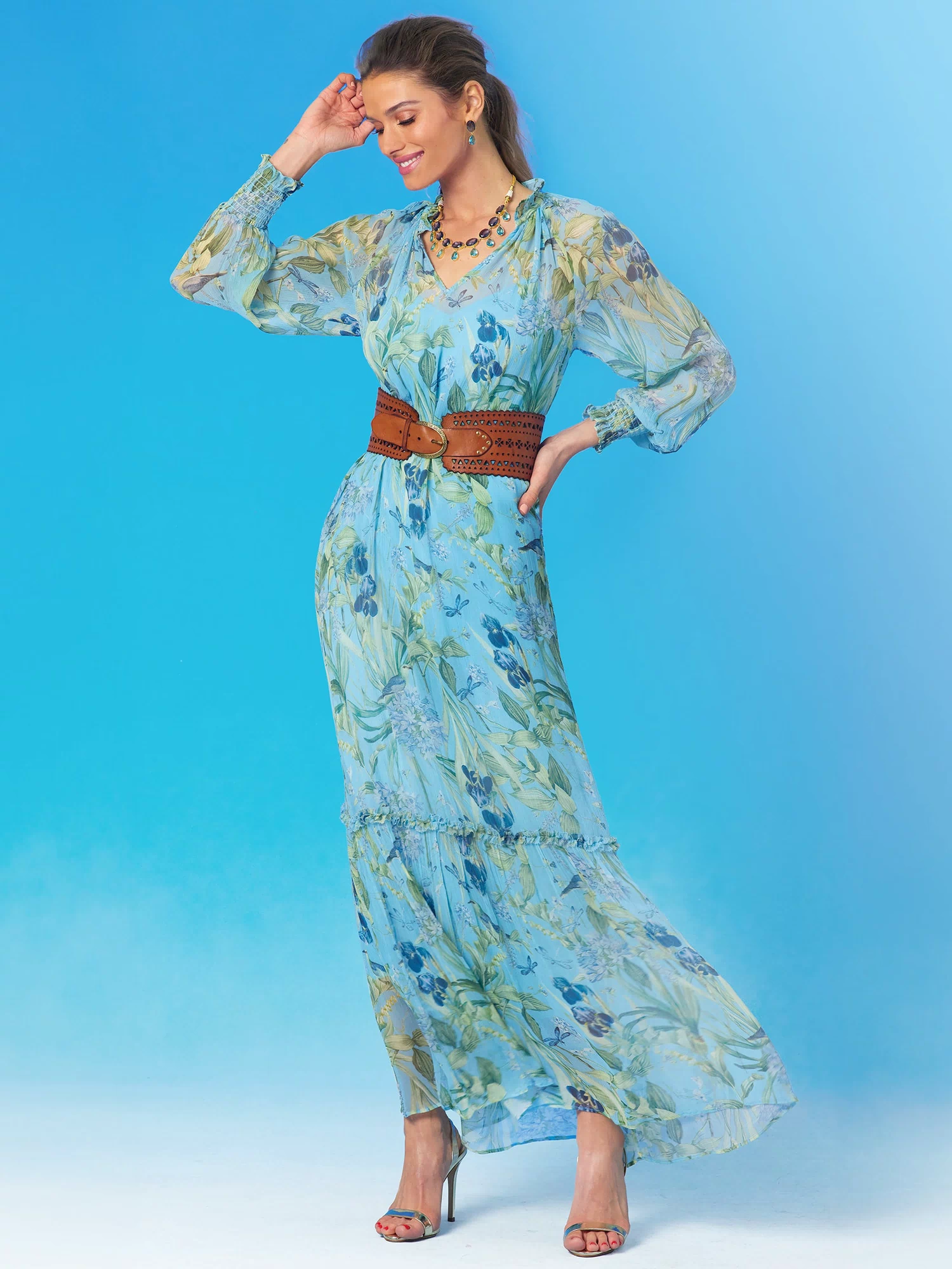 Celine Maxi Crinkle Chiffon Dress in Magical Garden-Full length view with the Campomaggi Corset Belt