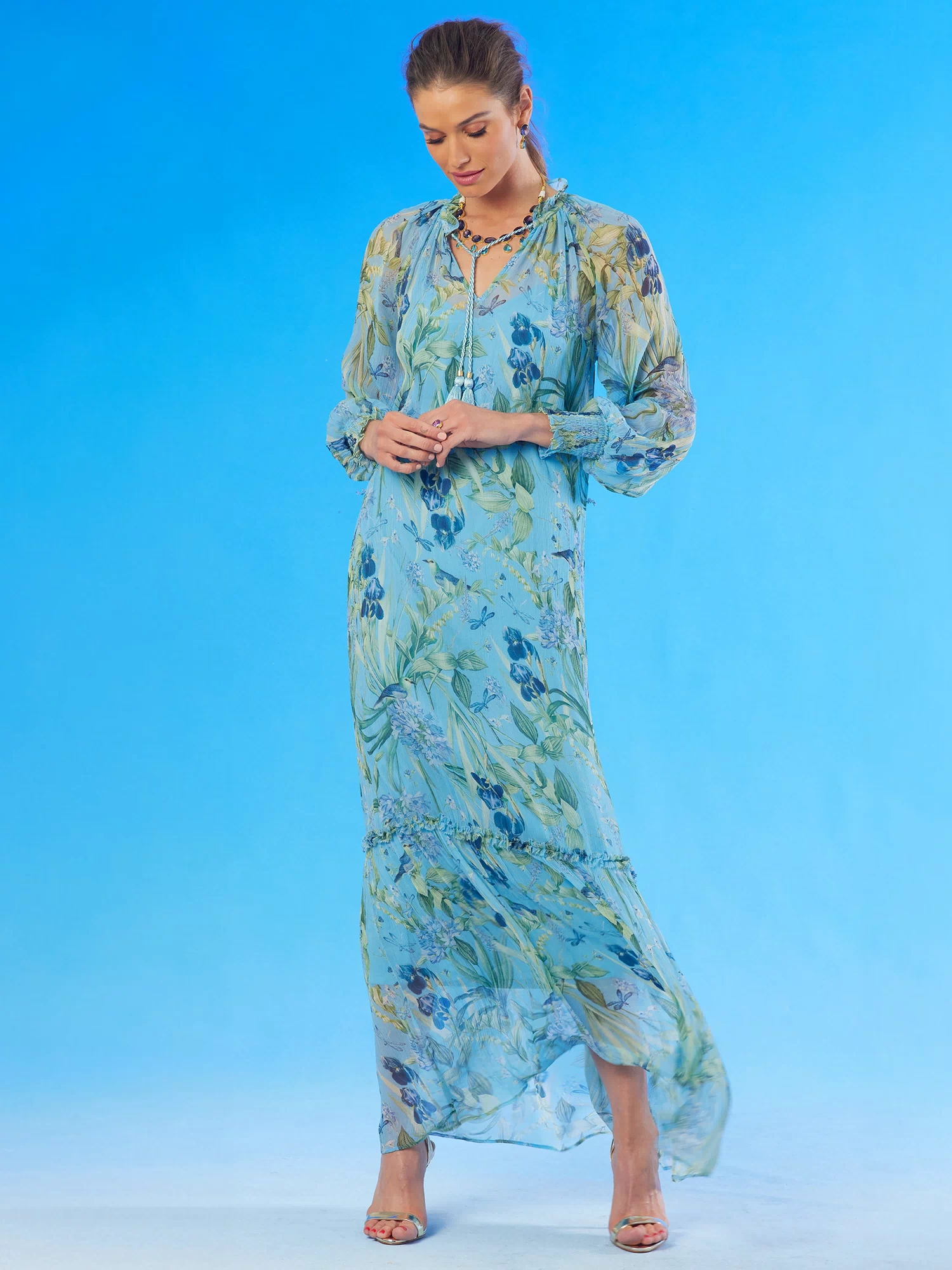 Celine Maxi Crinkle Chiffon Dress in Magical Garden-full length view with no belt