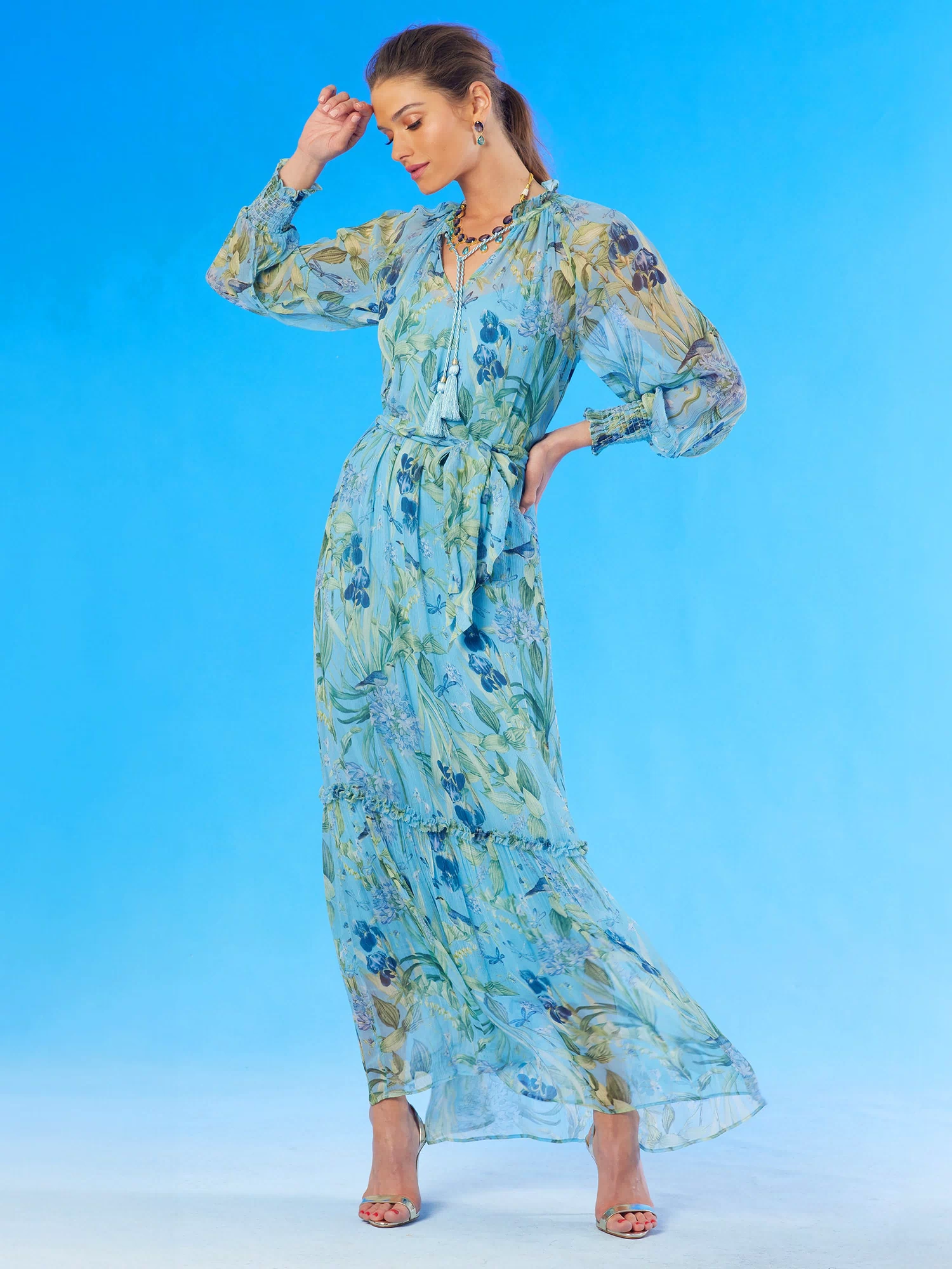 Celine Maxi Crinkle Chiffon Dress in Magical Garden-Front view with waist cinched with a self belt