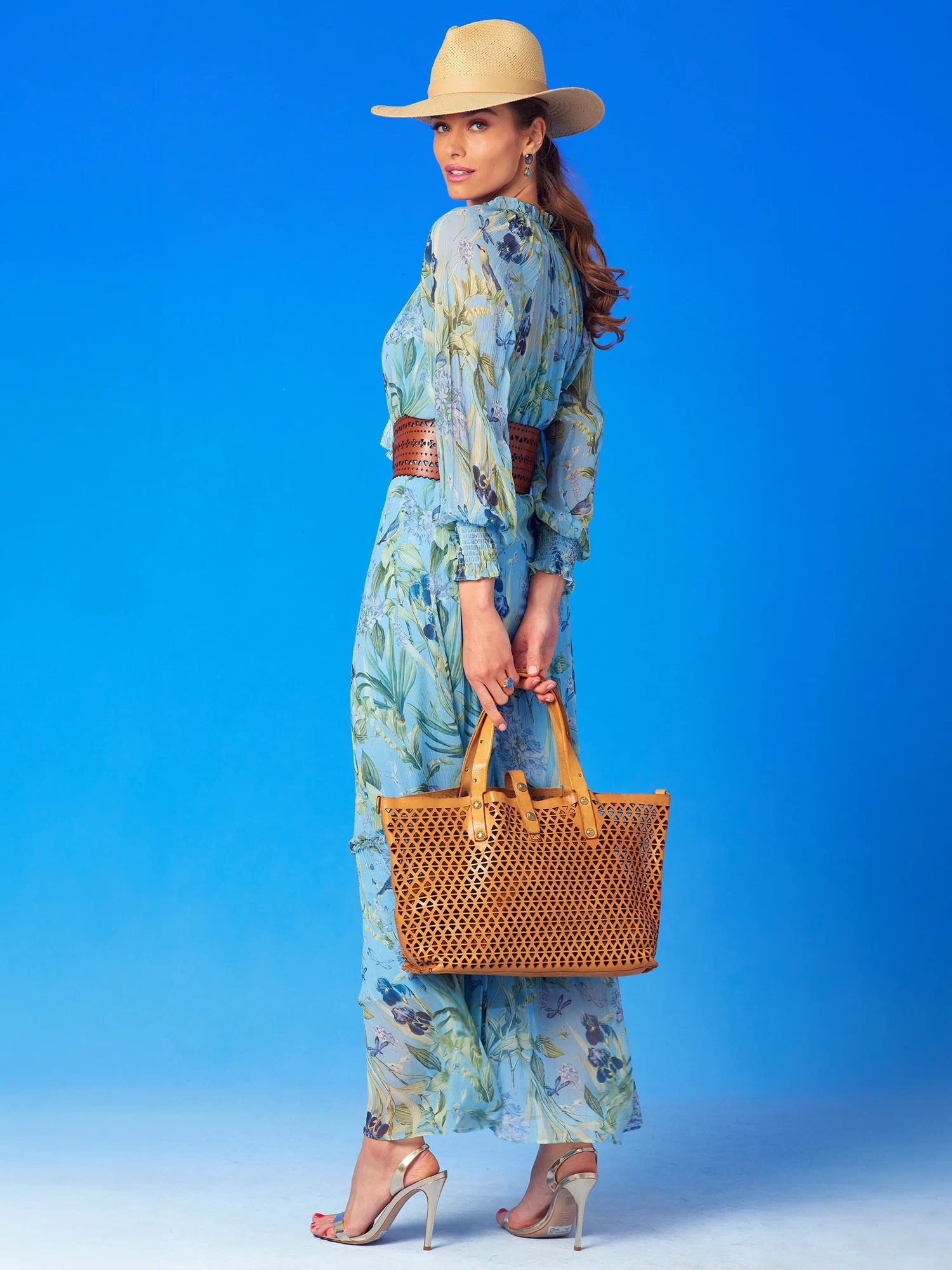 Celine Maxi Crinkle Chiffon Dress in Magical Garden-back view with leather totw