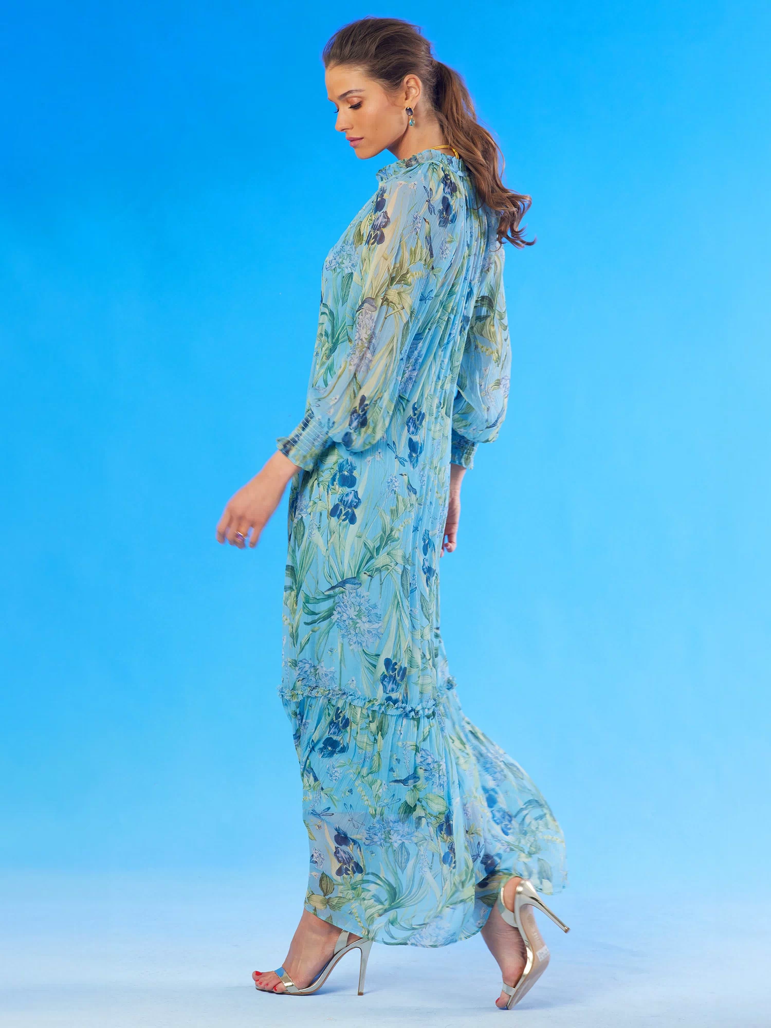 Celine Maxi Crinkle Chiffon Dress in Magical Garden-side view without any belt