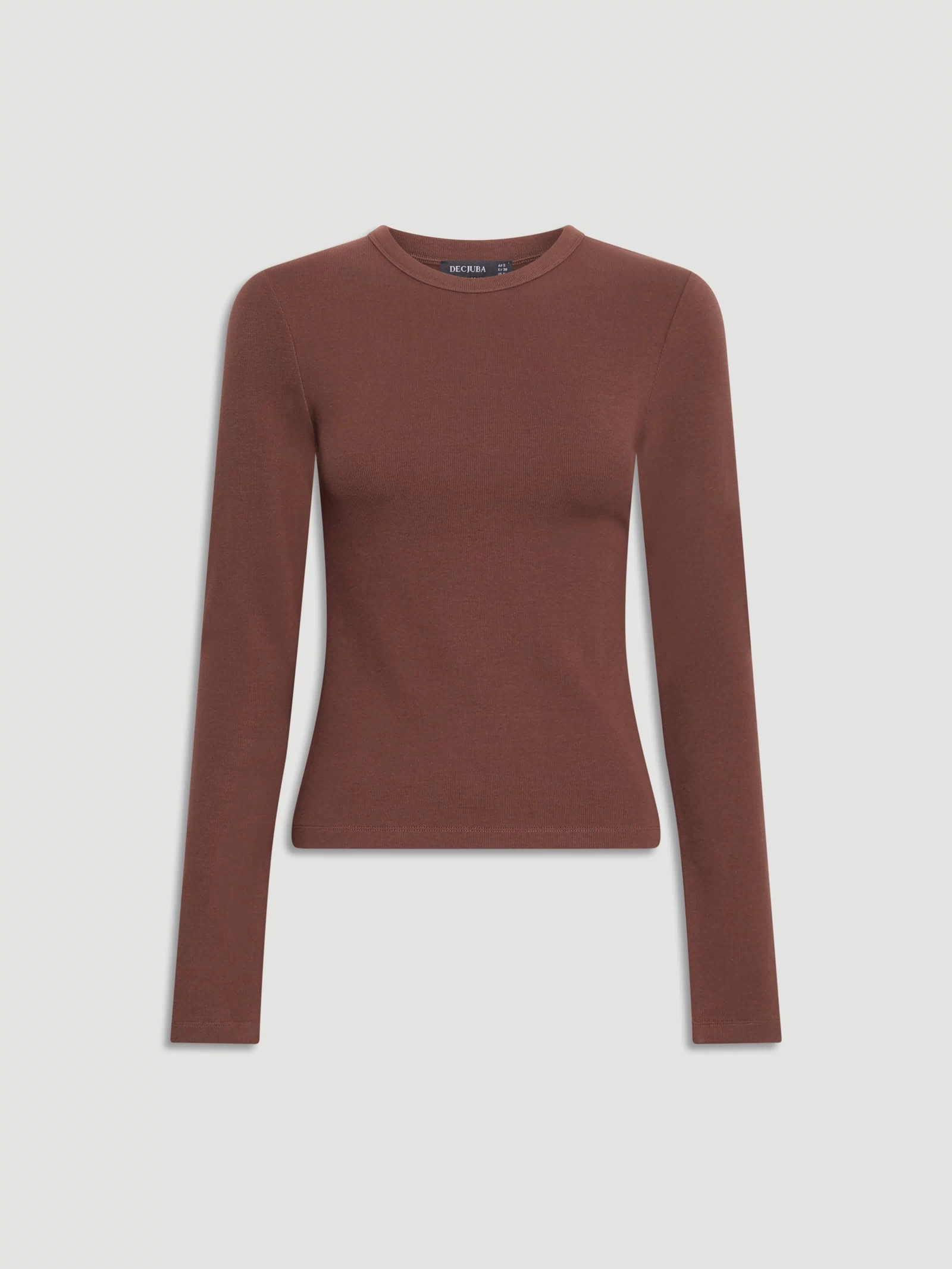 Slim fit long sleeve top in warm brown with a crew neckline for simple, everyday layering.