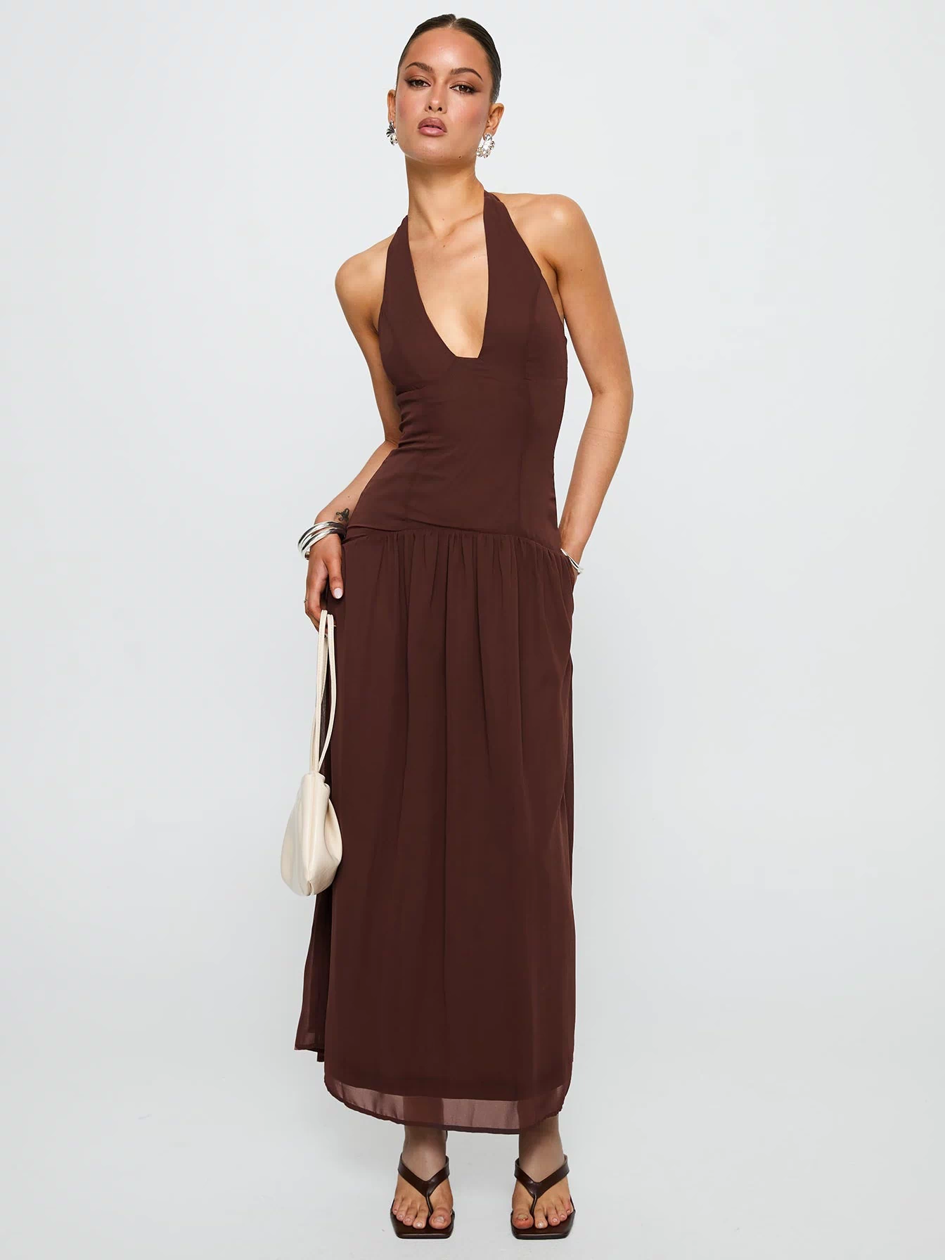 front view of model wearing Princess Polly Chestnut Drop Waist Maxi Dress Brown Plunger 