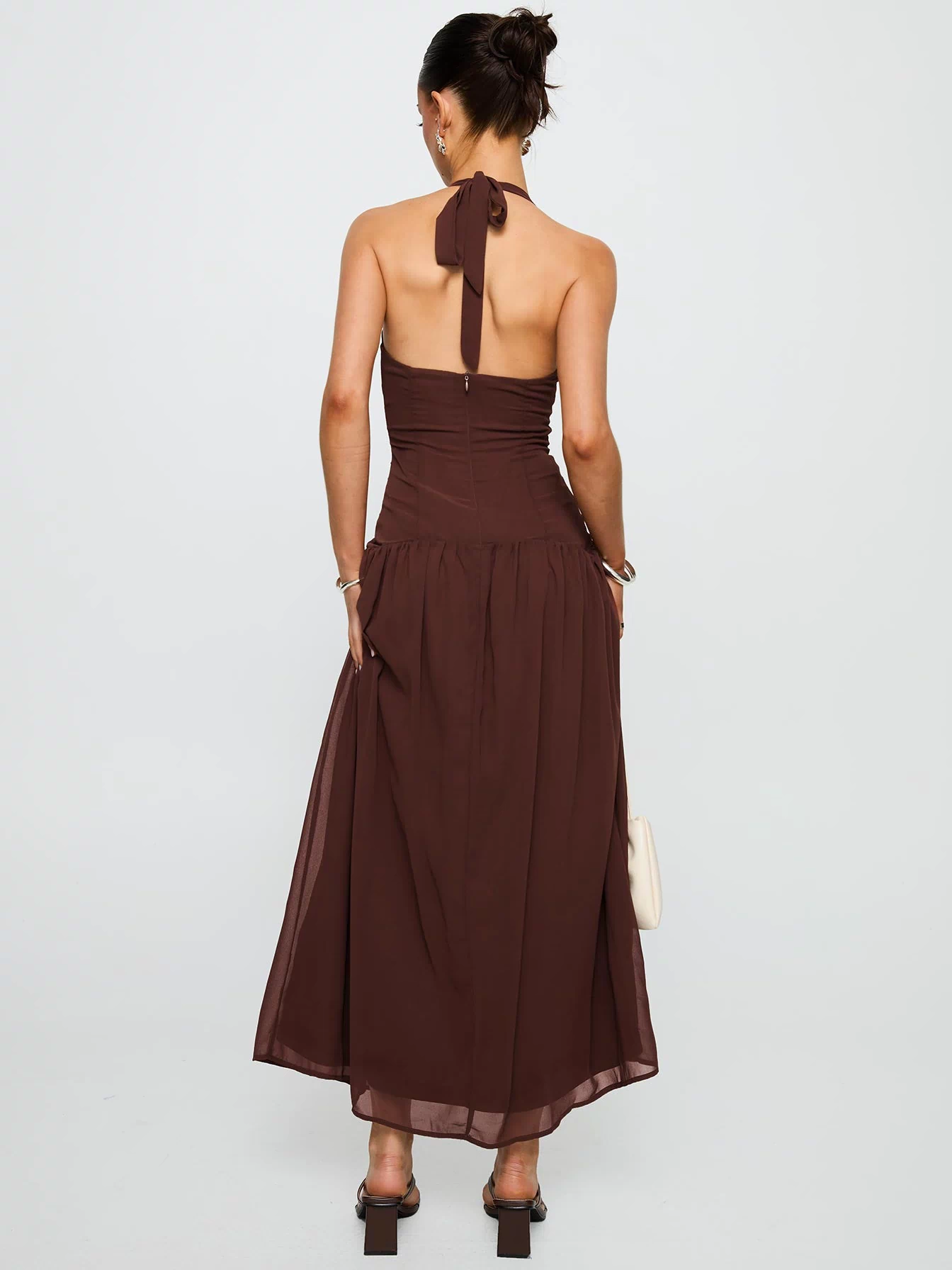 back view of model wearing Princess Polly Chestnut Drop Waist Maxi Dress Brown Plunger 