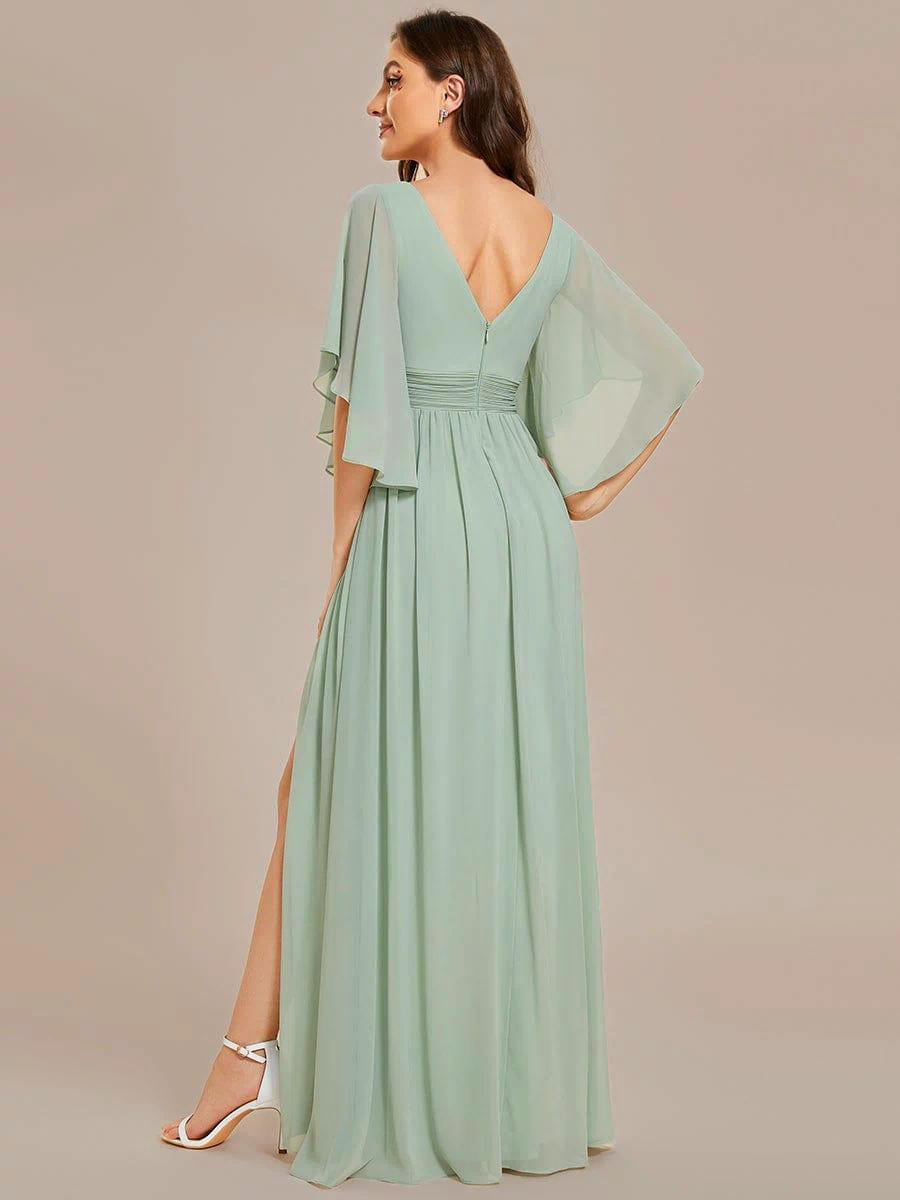 Chiffon A-Line Half Sleeves High Slit Bridesmaid Dress #color_Mint Green