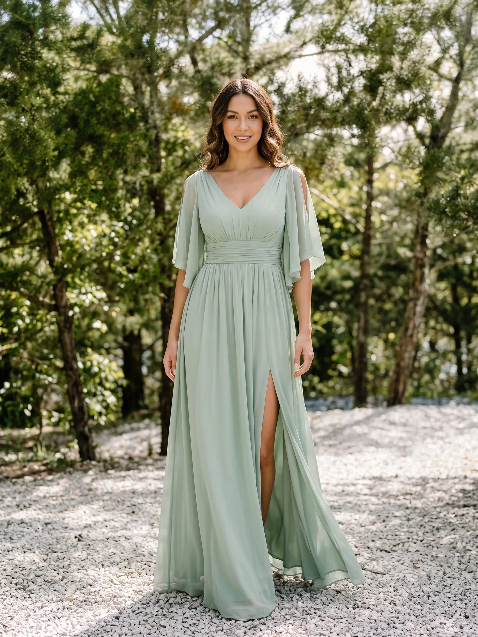 Chiffon A-Line Half Sleeves High Slit Bridesmaid Dress #color_Mint Green