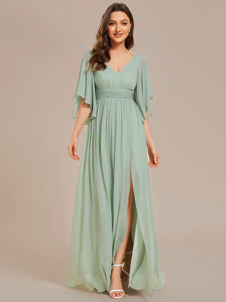 Chiffon A-Line Half Sleeves High Slit Bridesmaid Dress #color_Mint Green