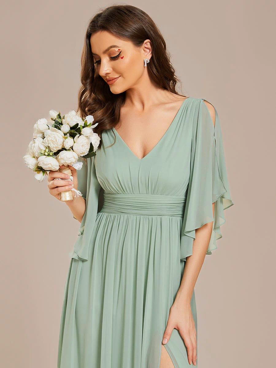 Chiffon A-Line Half Sleeves High Slit Bridesmaid Dress #color_Mint Green