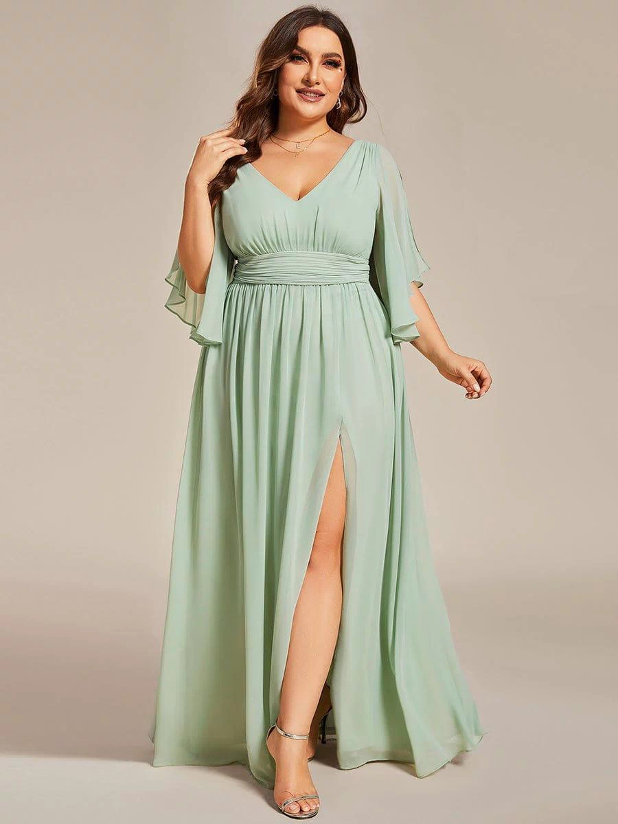 Chiffon A-Line Half Sleeves High Slit Bridesmaid Dress #color_Mint Green