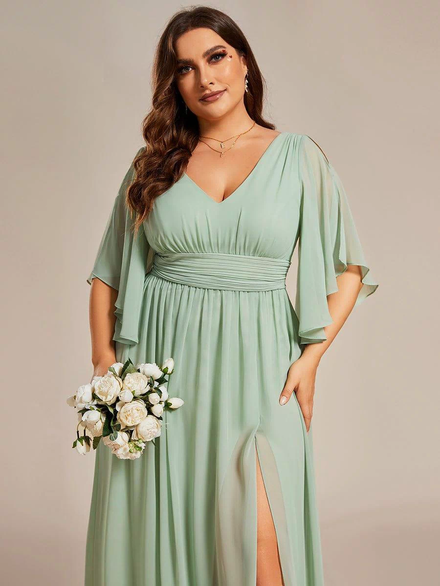 Chiffon A-Line Half Sleeves High Slit Bridesmaid Dress #color_Mint Green