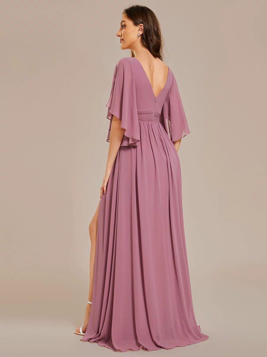 Chiffon A-Line Half Sleeves High Slit Bridesmaid Dress #color_Purple Orchid