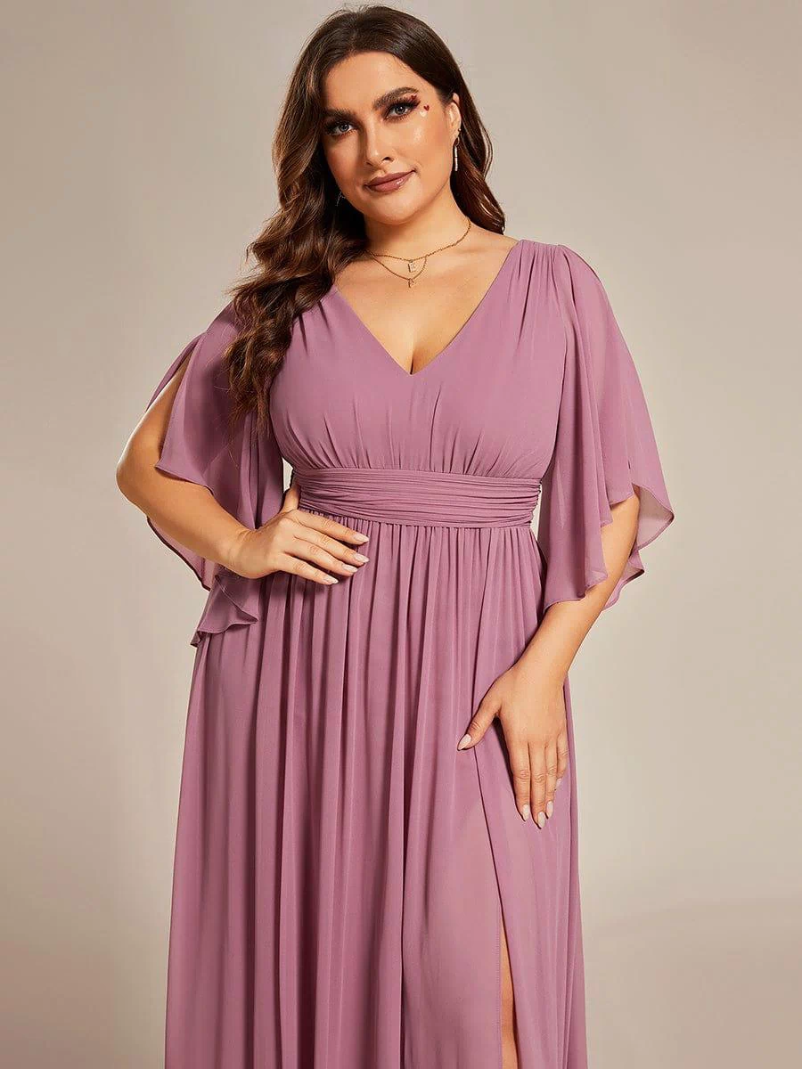 Chiffon A-Line Half Sleeves High Slit Bridesmaid Dress #color_Purple Orchid