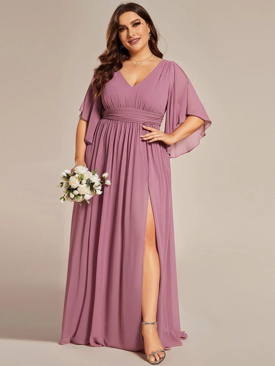Chiffon A-Line Half Sleeves High Slit Bridesmaid Dress #color_Purple Orchid