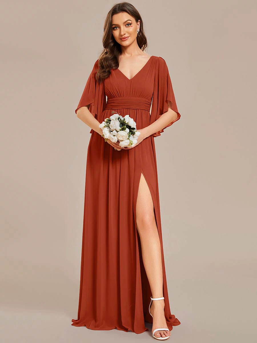 Chiffon A-Line Half Sleeves High Slit Bridesmaid Dress #color_Burnt Orange
