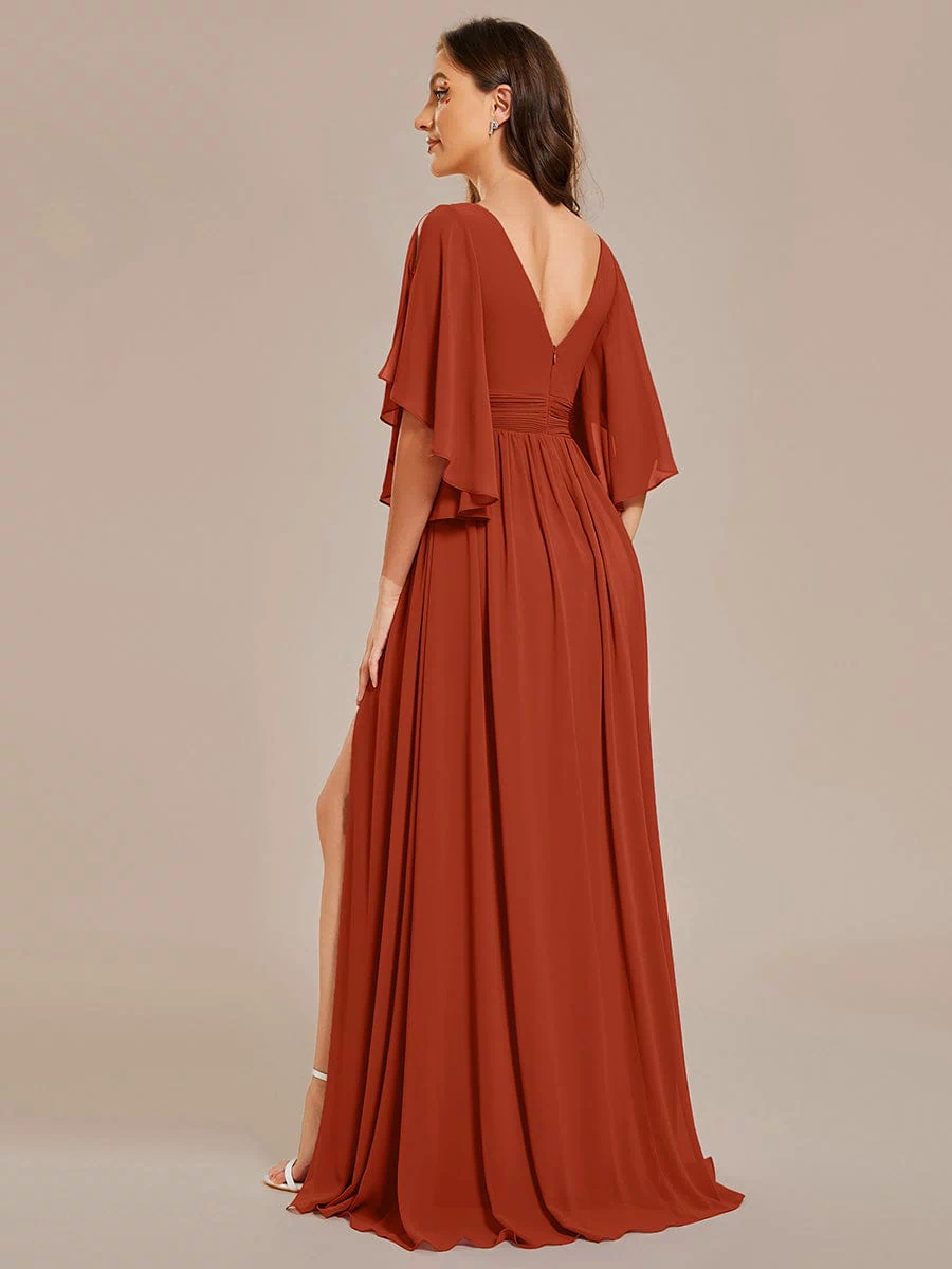 Chiffon A-Line Half Sleeves High Slit Bridesmaid Dress #color_Burnt Orange