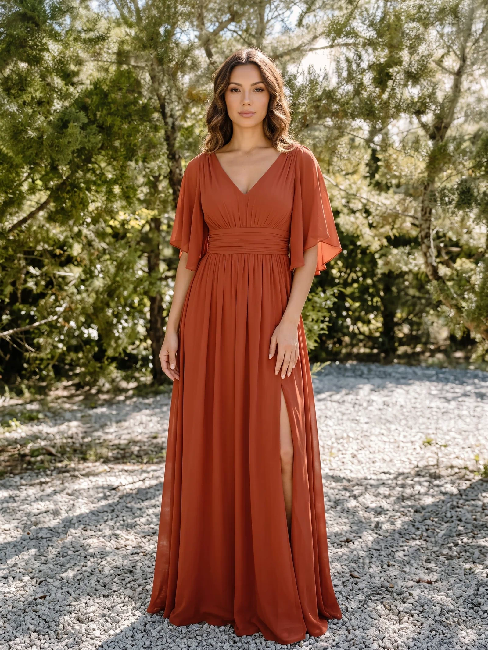 Chiffon A-Line Half Sleeves High Slit Bridesmaid Dress #color_Burnt Orange