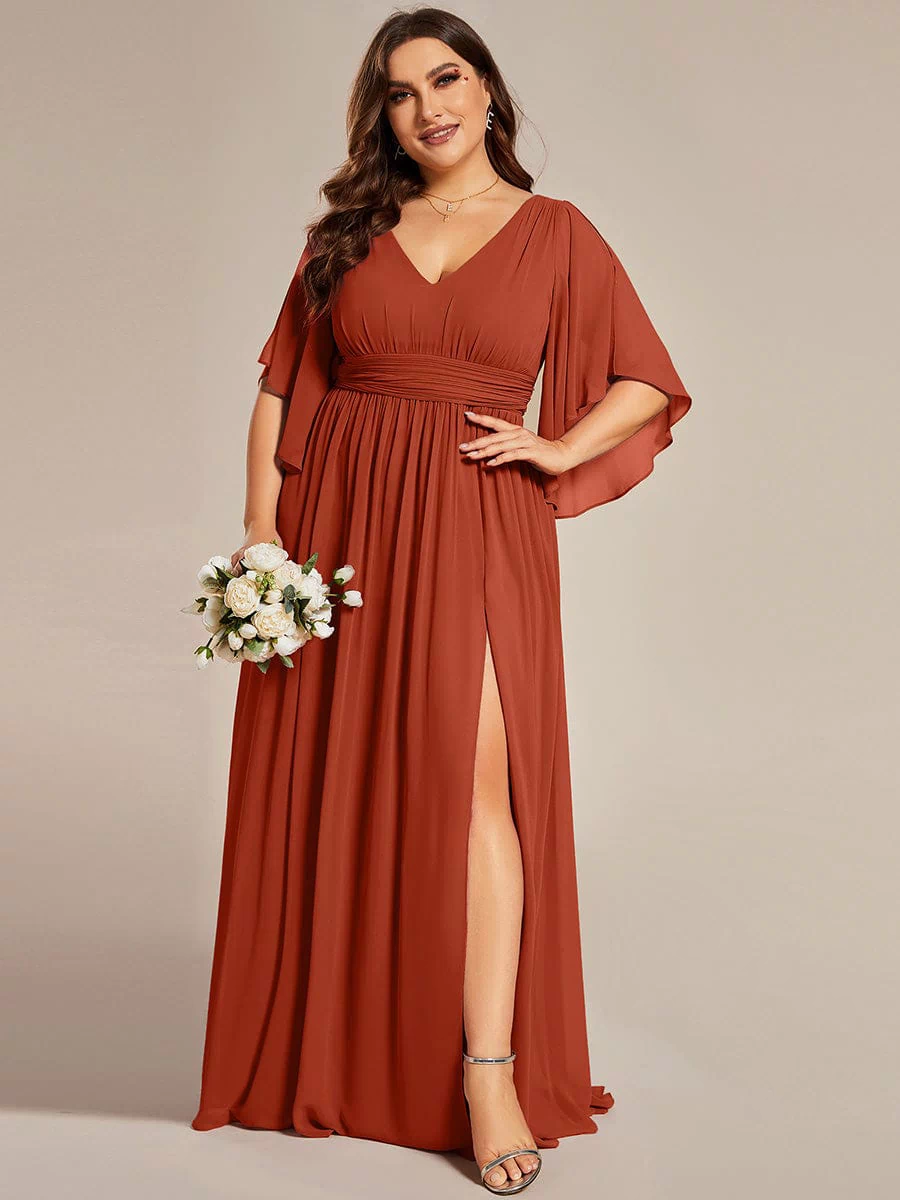 Chiffon A-Line Half Sleeves High Slit Bridesmaid Dress #color_Burnt Orange