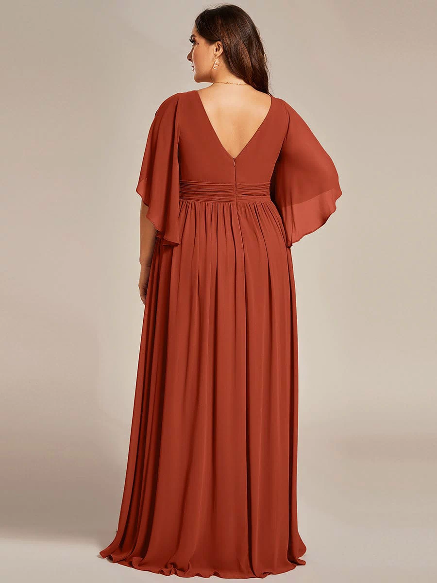 Chiffon A-Line Half Sleeves High Slit Bridesmaid Dress #color_Burnt Orange