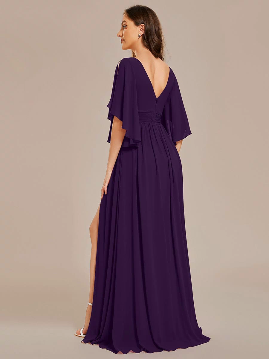 Chiffon A-Line Half Sleeves High Slit Bridesmaid Dress #color_Dark Purple