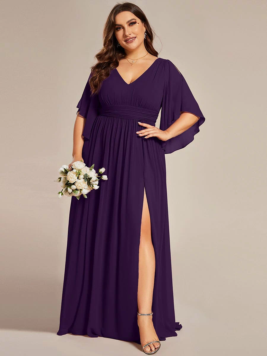Chiffon A-Line Half Sleeves High Slit Bridesmaid Dress #color_Dark Purple