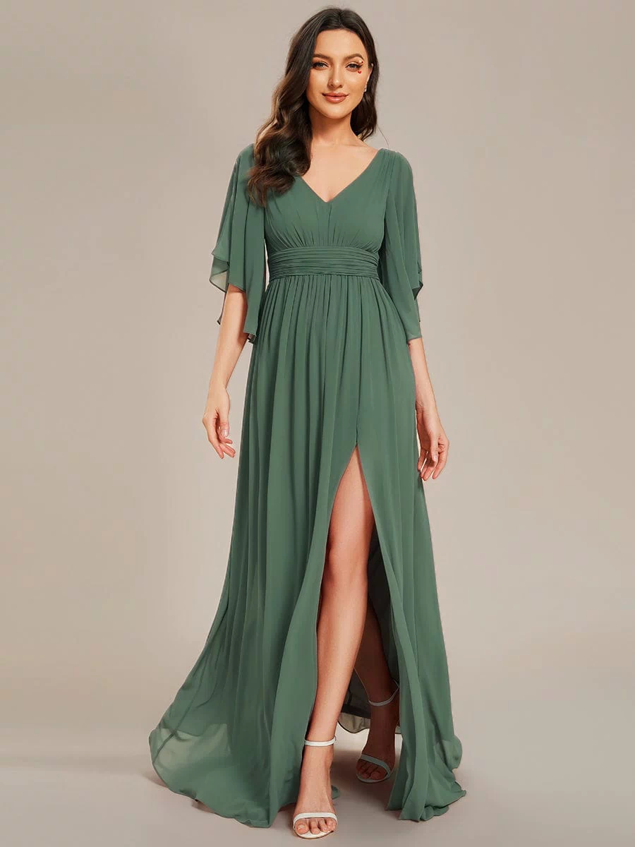 Chiffon A-Line Half Sleeves High Slit Bridesmaid Dress #color_Eucalyptus Green