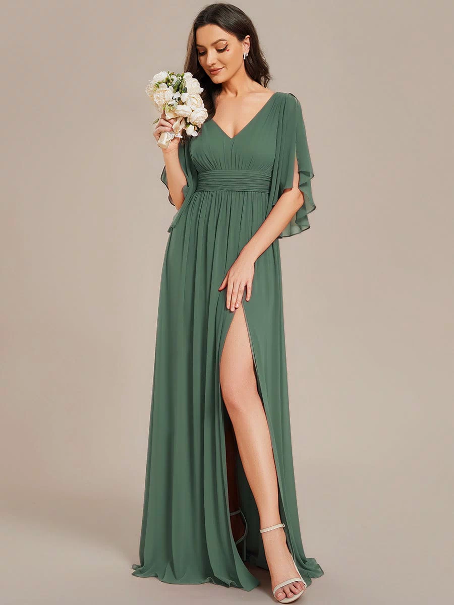 Chiffon A-Line Half Sleeves High Slit Bridesmaid Dress #color_Eucalyptus Green