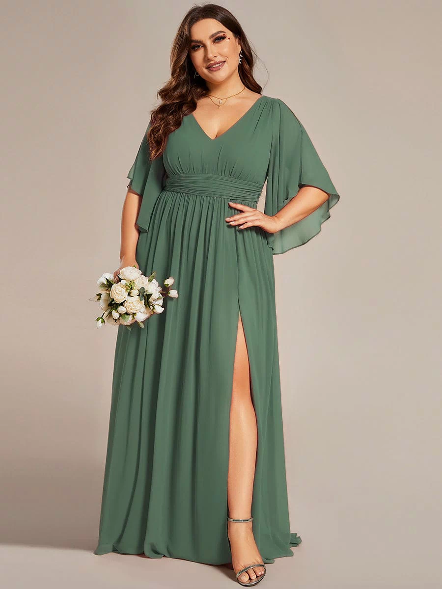 Chiffon A-Line Half Sleeves High Slit Bridesmaid Dress #color_Eucalyptus Green