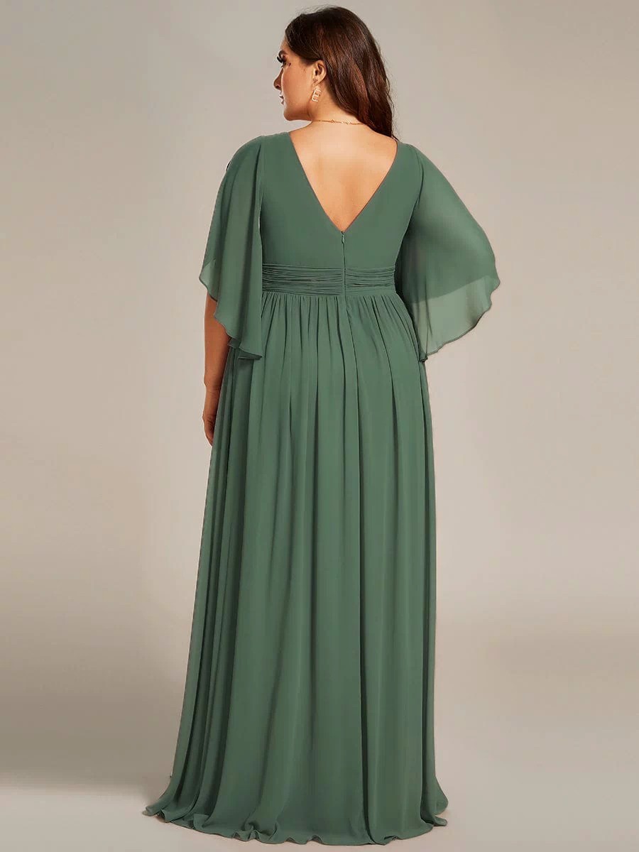 Chiffon A-Line Half Sleeves High Slit Bridesmaid Dress #color_Eucalyptus Green