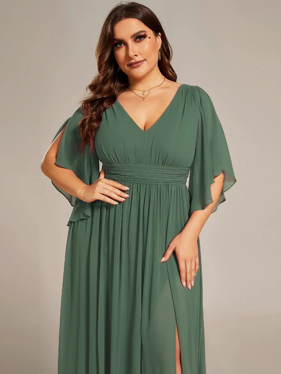 Chiffon A-Line Half Sleeves High Slit Bridesmaid Dress #color_Eucalyptus Green