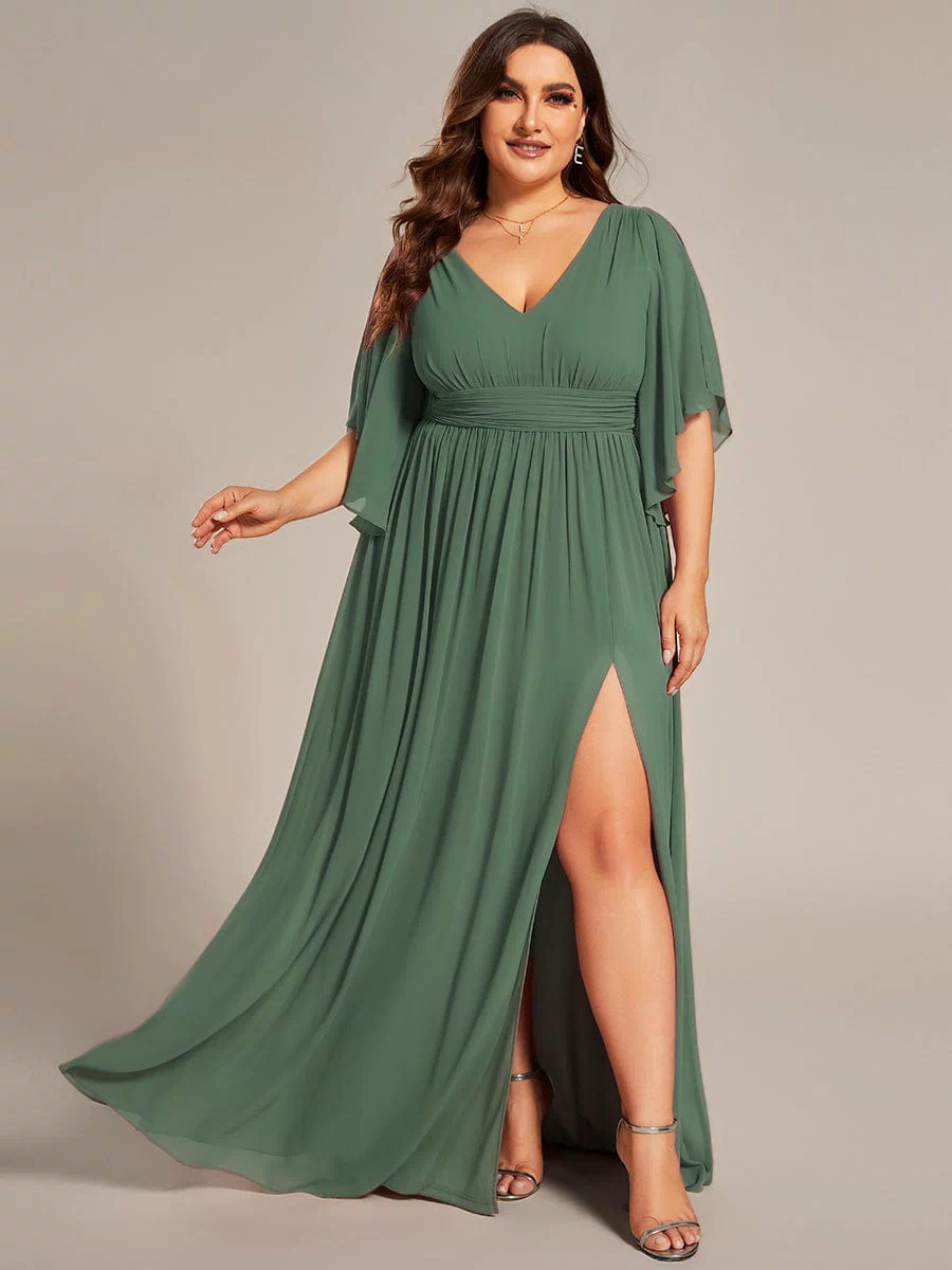 Chiffon A-Line Half Sleeves High Slit Bridesmaid Dress #color_Eucalyptus Green