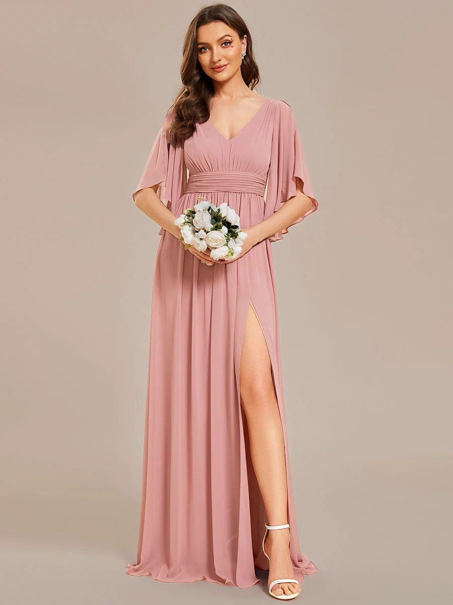 Chiffon A-Line Half Sleeves High Slit Bridesmaid Dress #color_Dusty Rose