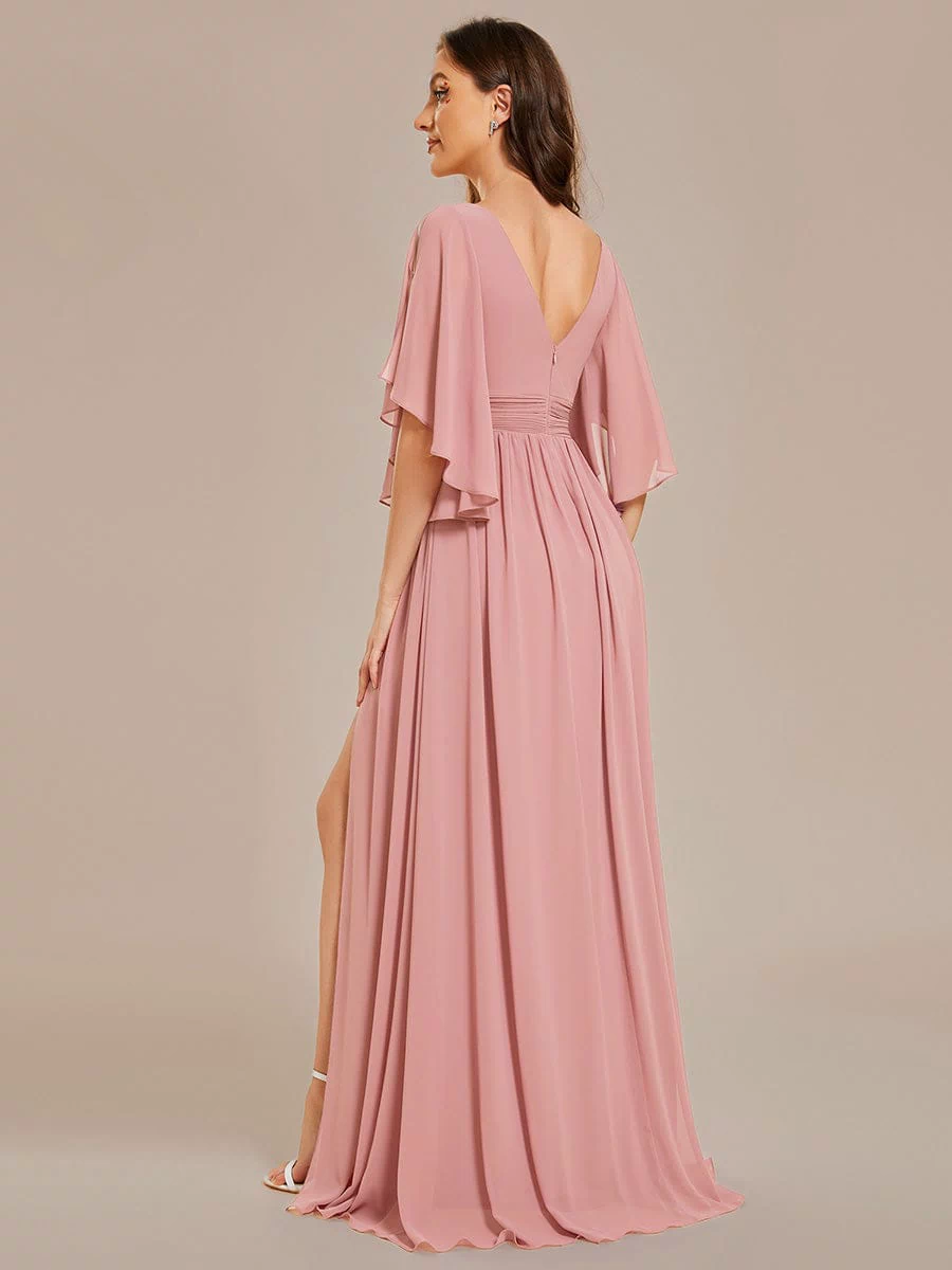 Chiffon A-Line Half Sleeves High Slit Bridesmaid Dress #color_Dusty Rose
