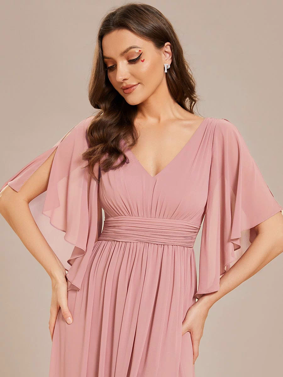 Chiffon A-Line Half Sleeves High Slit Bridesmaid Dress #color_Dusty Rose