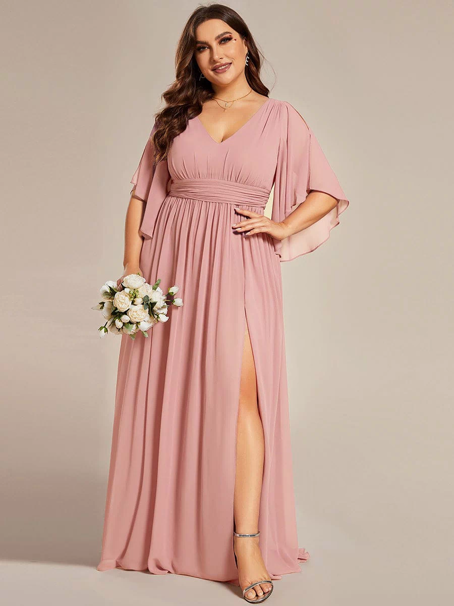 Chiffon A-Line Half Sleeves High Slit Bridesmaid Dress #color_Dusty Rose