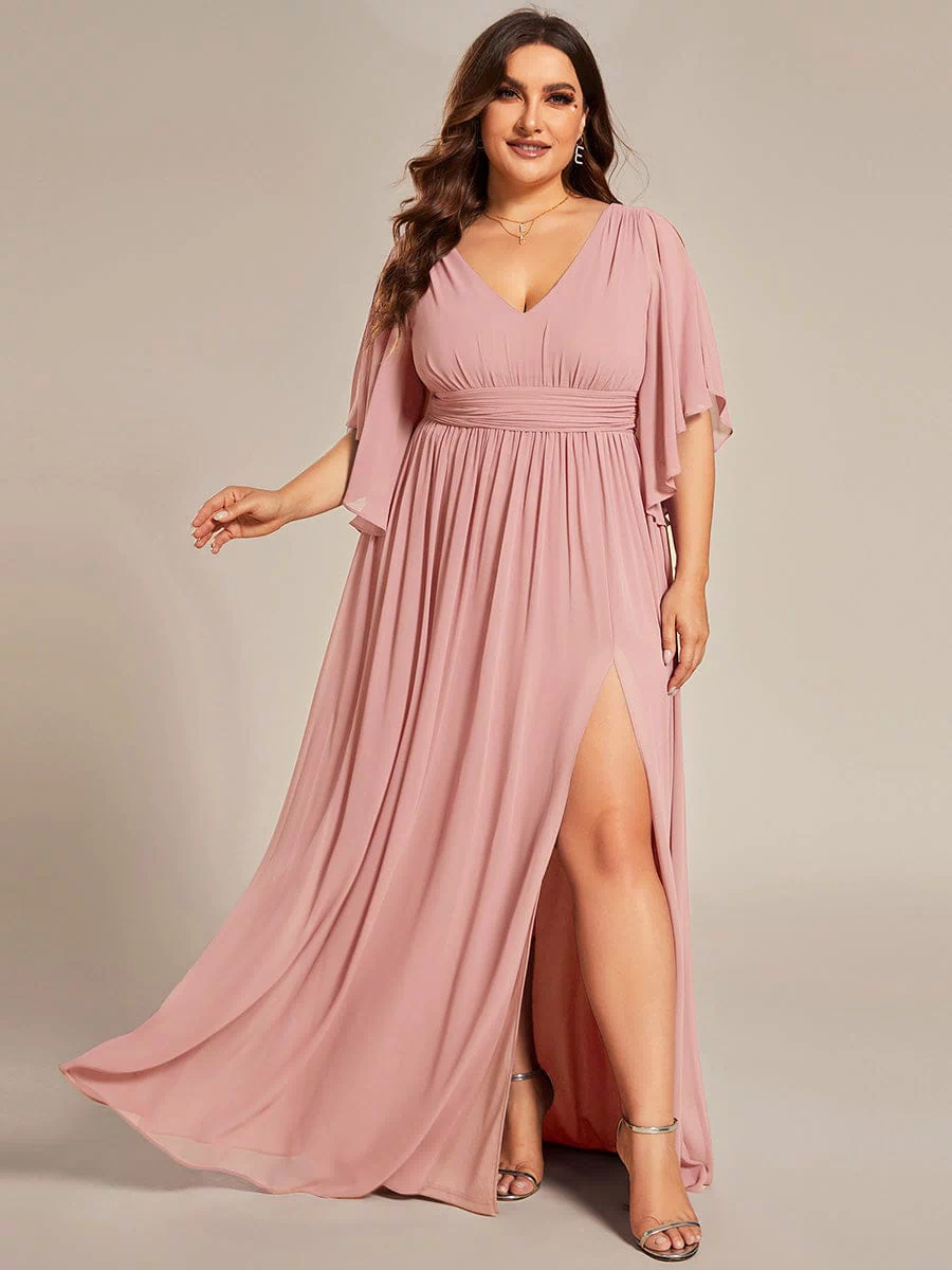 Chiffon A-Line Half Sleeves High Slit Bridesmaid Dress #color_Dusty Rose