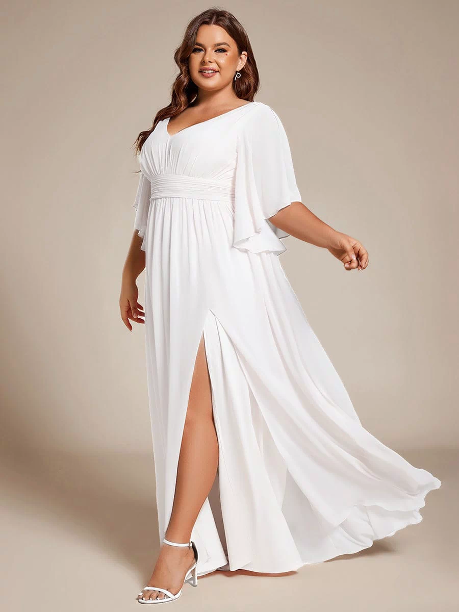 Chiffon A-Line Half Sleeves High Slit Bridesmaid Dress #color_White