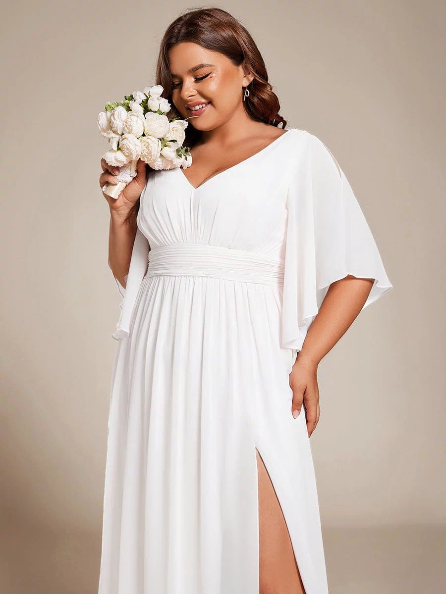 Chiffon A-Line Half Sleeves High Slit Bridesmaid Dress #color_White
